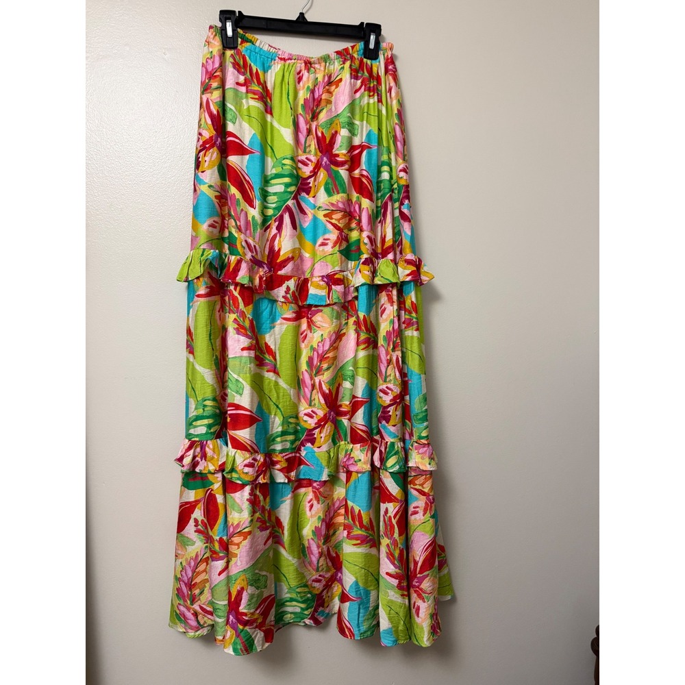BTFL-life Tropical Floral Tiered Maxi Skirt Green Pink Ruffle Boho Womens M